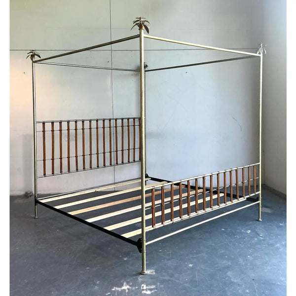 Vintage Regency Silver Leaf Palm Tree Queen Size Canopy Bed