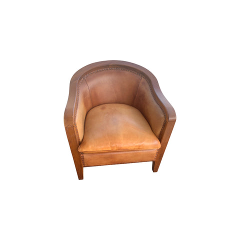 Mid Century Brown Leather Horseshoe Club Chair with Nail heads