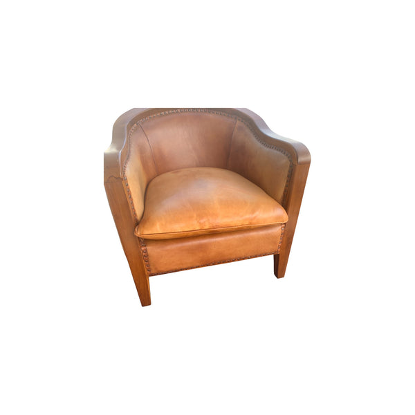 Mid Century Brown Leather Horseshoe Club Chair with Nail heads