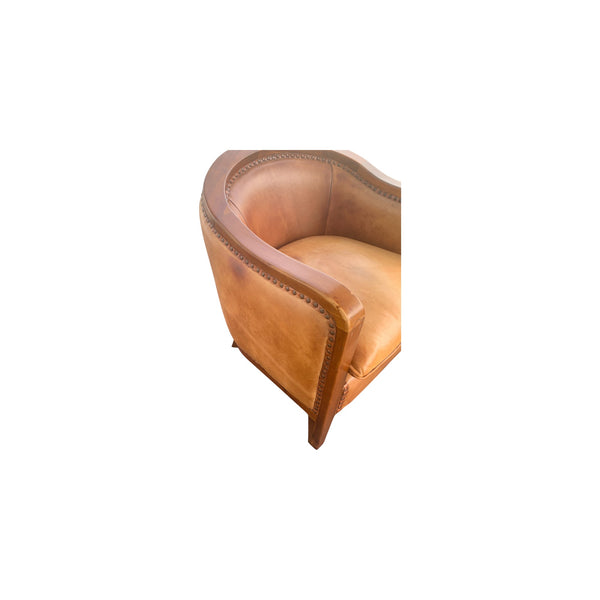 Mid Century Brown Leather Horseshoe Club Chair with Nail heads