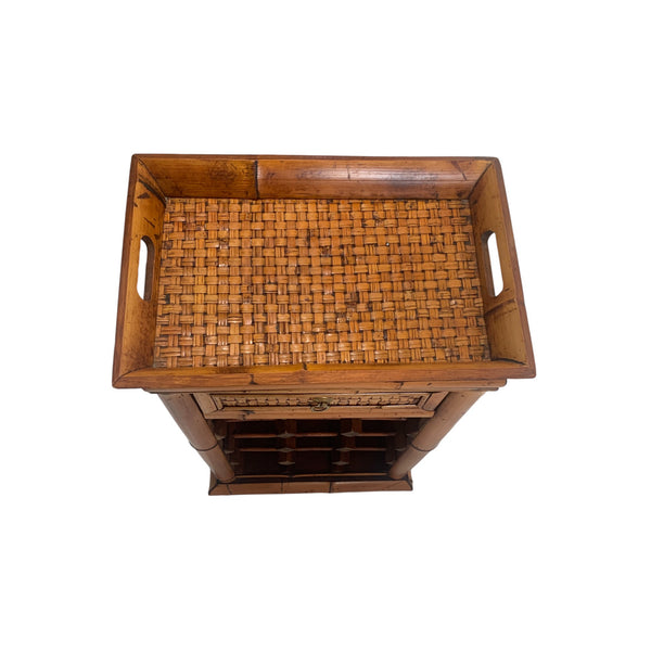 Bamboo Rattan wine cabinet table with wine rack and tray rattan top