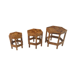Vintage Tortoise Shell Burnt Bamboo Plant Stands Hexagon stackable lot of 3