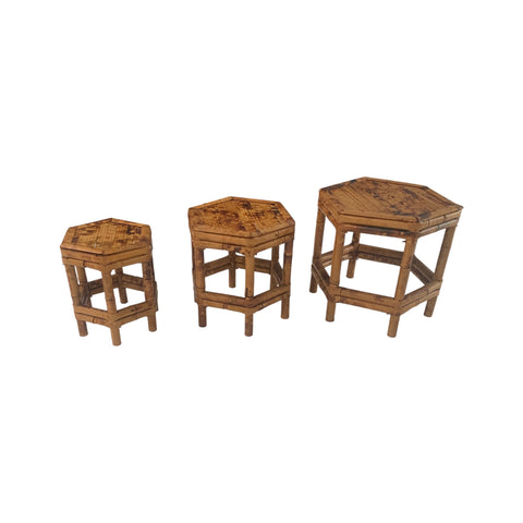 Vintage Tortoise Shell Burnt Bamboo Plant Stands Hexagon stackable lot of 3