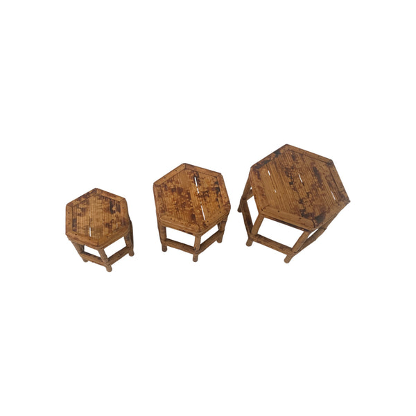 Vintage Tortoise Shell Burnt Bamboo Plant Stands Hexagon stackable lot of 3