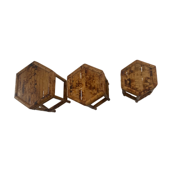Vintage Tortoise Shell Burnt Bamboo Plant Stands Hexagon stackable lot of 3