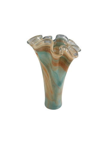 16” Large Murano Hand Blown Murano Style Blue & Orange Ruffle Handkerchief Vase