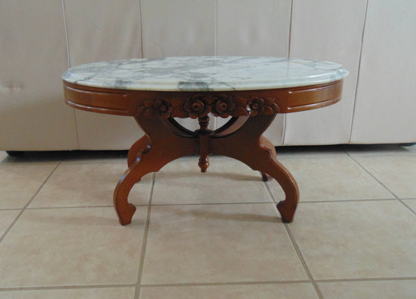 Victorian Italian Mahogany Marble Top Oval Coffee Table