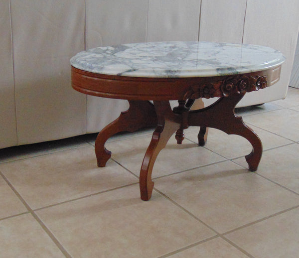 Victorian Italian Mahogany Marble Top Oval Coffee Table