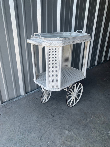 Heywood Bros. Wakefield Co Drinks bar Cart White cane wicker