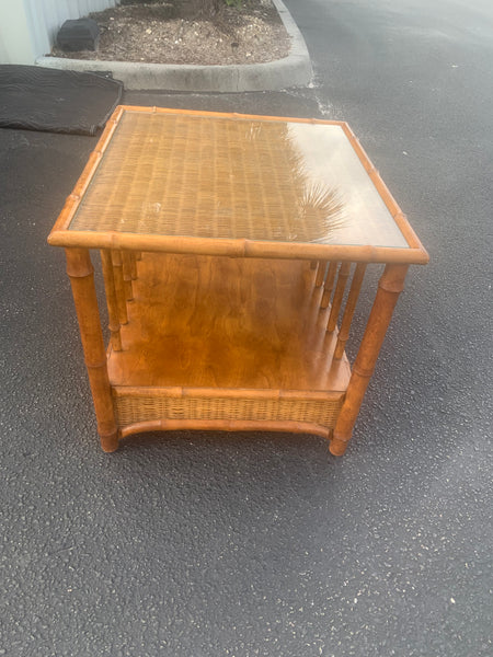 Faux Bamboo Wicker Top Side Table