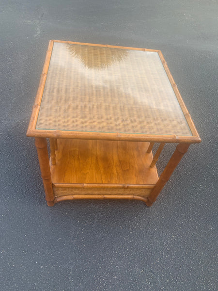 Faux Bamboo Wicker Top Side Table