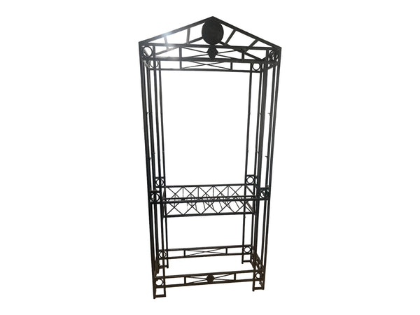 Maitland Smith Greek inspired Iron etagere with 5 glass shelves and wine rack.