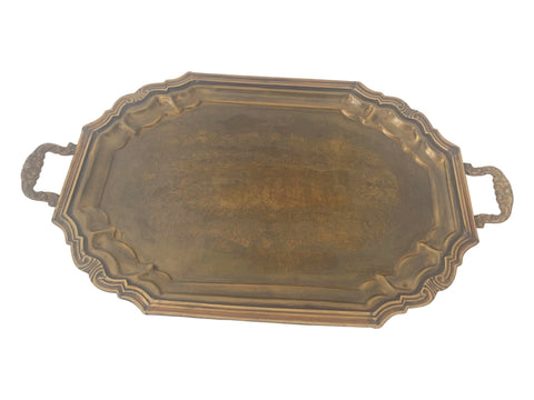 Vintage Carved Brass Gallery Serving Tray Handles Decorative Crafts 26"