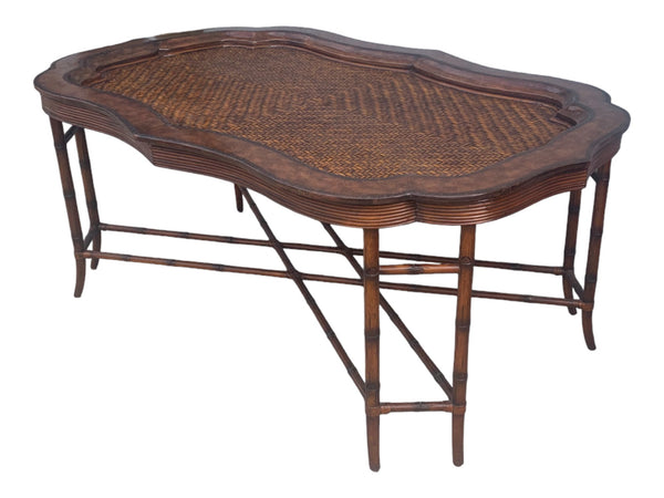 Beautiful Maitland Smith Rattan & Faux Bamboo Leather Wrapped Tray Coffee Table