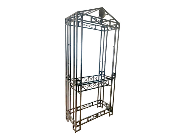 Maitland Smith Greek inspired Iron etagere with 5 glass shelves and wine rack.