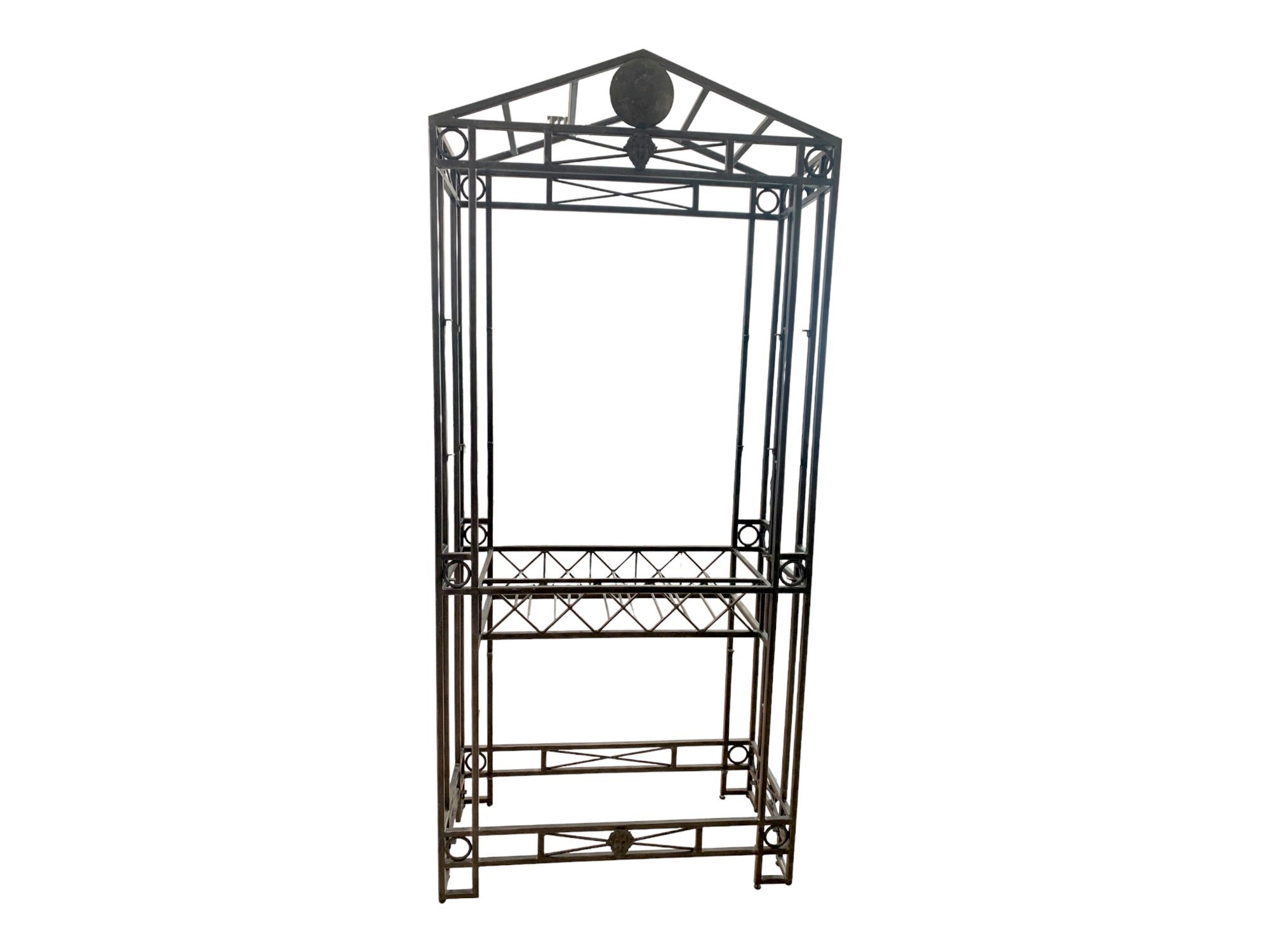 Maitland Smith Greek inspired Iron etagere with 5 glass shelves and wine rack.