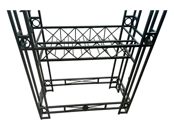 Maitland Smith Greek inspired Iron etagere with 5 glass shelves and wine rack.