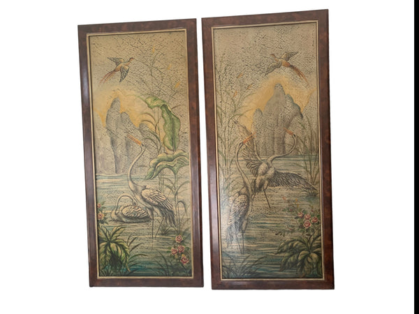 Pair of Large frame acrylic on board heron birds painting