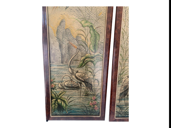 Pair of Large frame acrylic on board heron birds painting