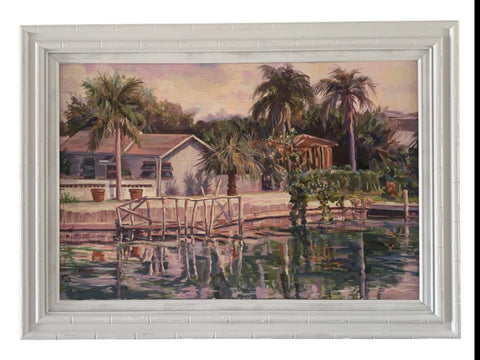 Floryne Karlin "By the water" Acrylic on Canvas Painting Faux Bamboo Frame