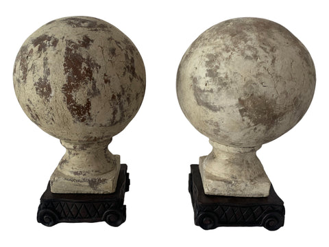 Pair of French Concrete Orbs Garden Finials with wooden base