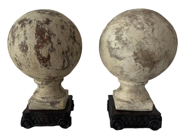 Pair of French Concrete Orbs Garden Finials with wooden base