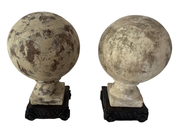 Pair of French Concrete Orbs Garden Finials with wooden base