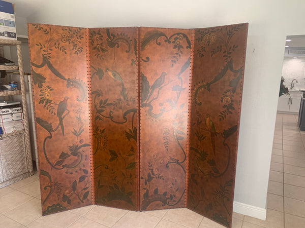 Vintage Maitland-Smith Hand-Painted Leather 4 Panel Screen