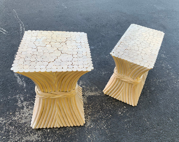 Hollywood Regency McGuire Style Sheaf of Wheat Bamboo coffee/end tables pair