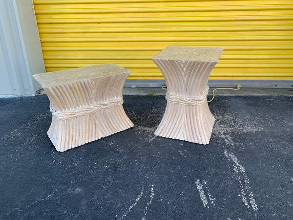 Hollywood Regency McGuire Style Sheaf of Wheat Bamboo coffee/end tables pair