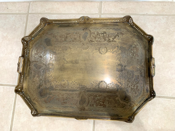 Vintage Large Castilian Brass Serving Tray With Handles and Feet