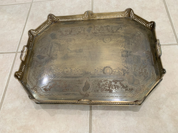 Vintage Large Castilian Brass Serving Tray With Handles and Feet