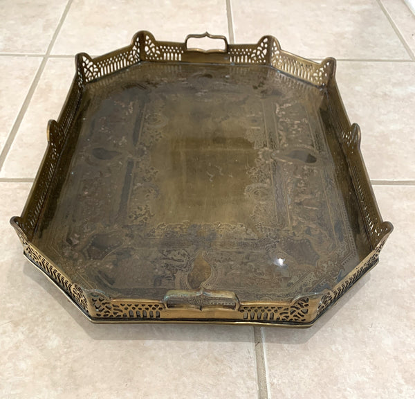 Vintage Large Castilian Brass Serving Tray With Handles and Feet