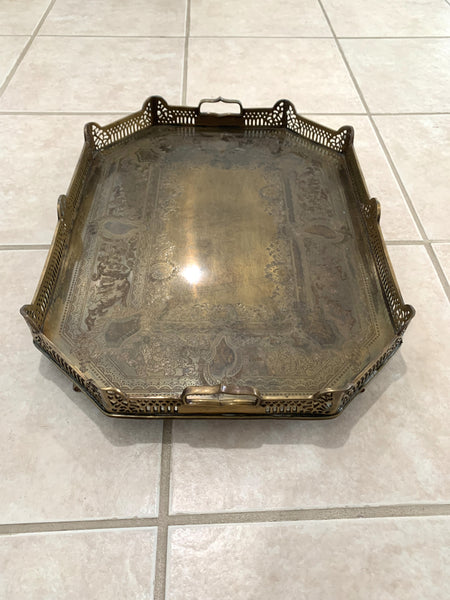 Vintage Large Castilian Brass Serving Tray With Handles and Feet