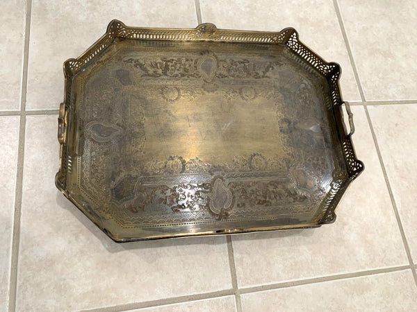 Vintage Large Castilian Brass Serving Tray With Handles and Feet