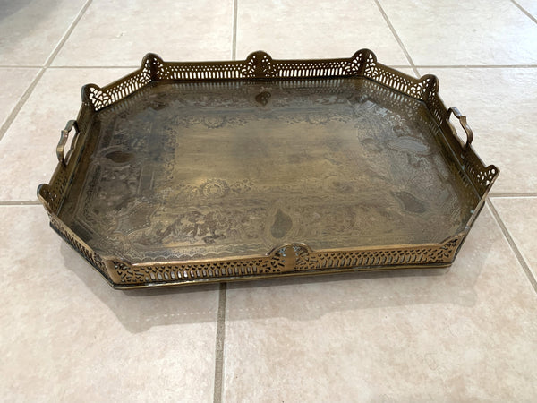 Vintage Large Castilian Brass Serving Tray With Handles and Feet