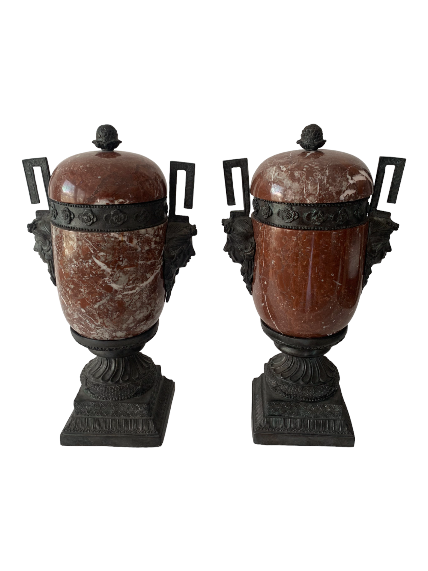 Pair of red marble and bronze Greek style lidded urns