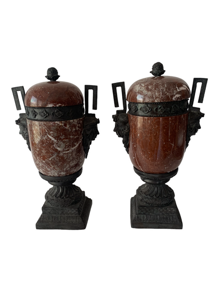 Pair of red marble and bronze Greek style lidded urns