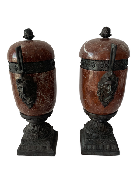 Pair of red marble and bronze Greek style lidded urns