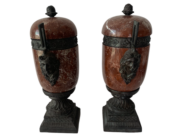 Pair of red marble and bronze Greek style lidded urns