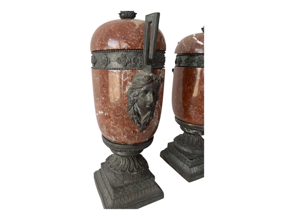 Pair of red marble and bronze Greek style lidded urns