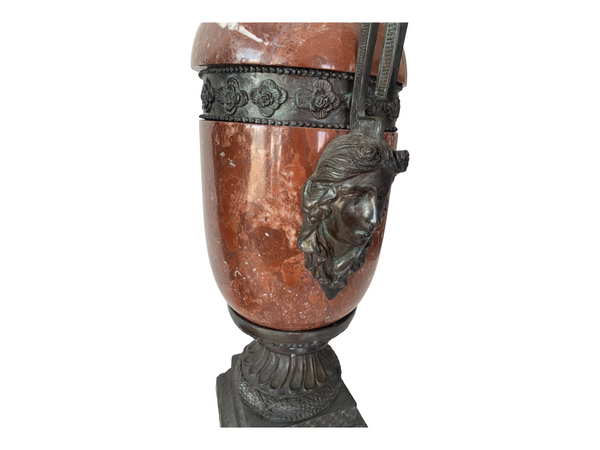 Pair of red marble and bronze Greek style lidded urns