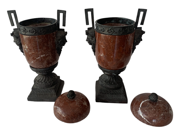 Pair of red marble and bronze Greek style lidded urns