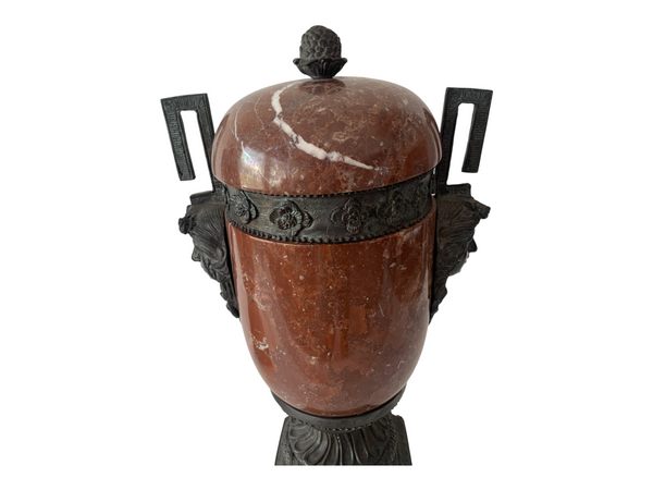 Pair of red marble and bronze Greek style lidded urns