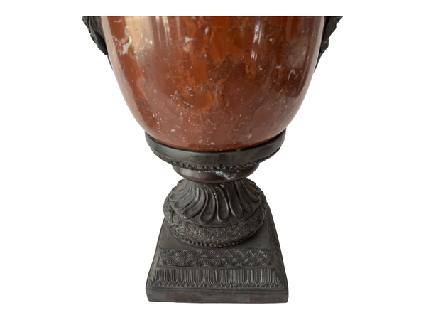 Pair of red marble and bronze Greek style lidded urns