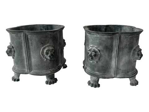 Pair of Antique Cast Iron French Empire Style Planter Pots with Lion Heads