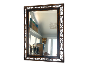 Bentwood burnt bamboo frame wall beveled mirror.