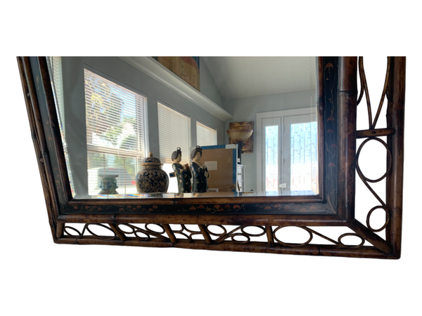 Bentwood burnt bamboo frame wall beveled mirror.