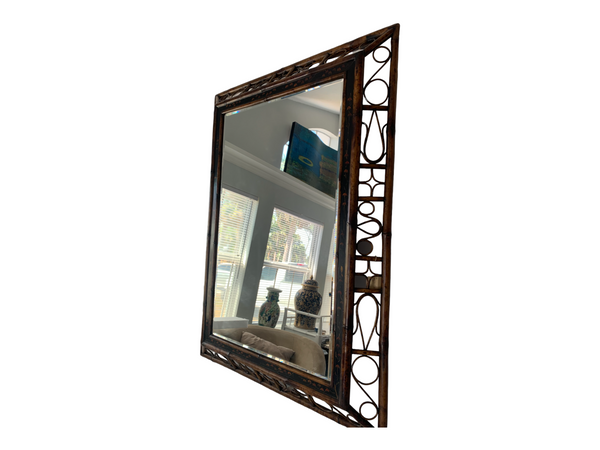 Bentwood burnt bamboo frame wall beveled mirror.