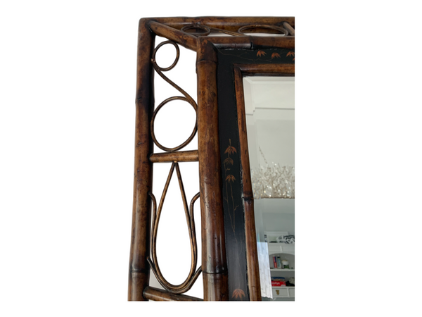 Bentwood burnt bamboo frame wall beveled mirror.